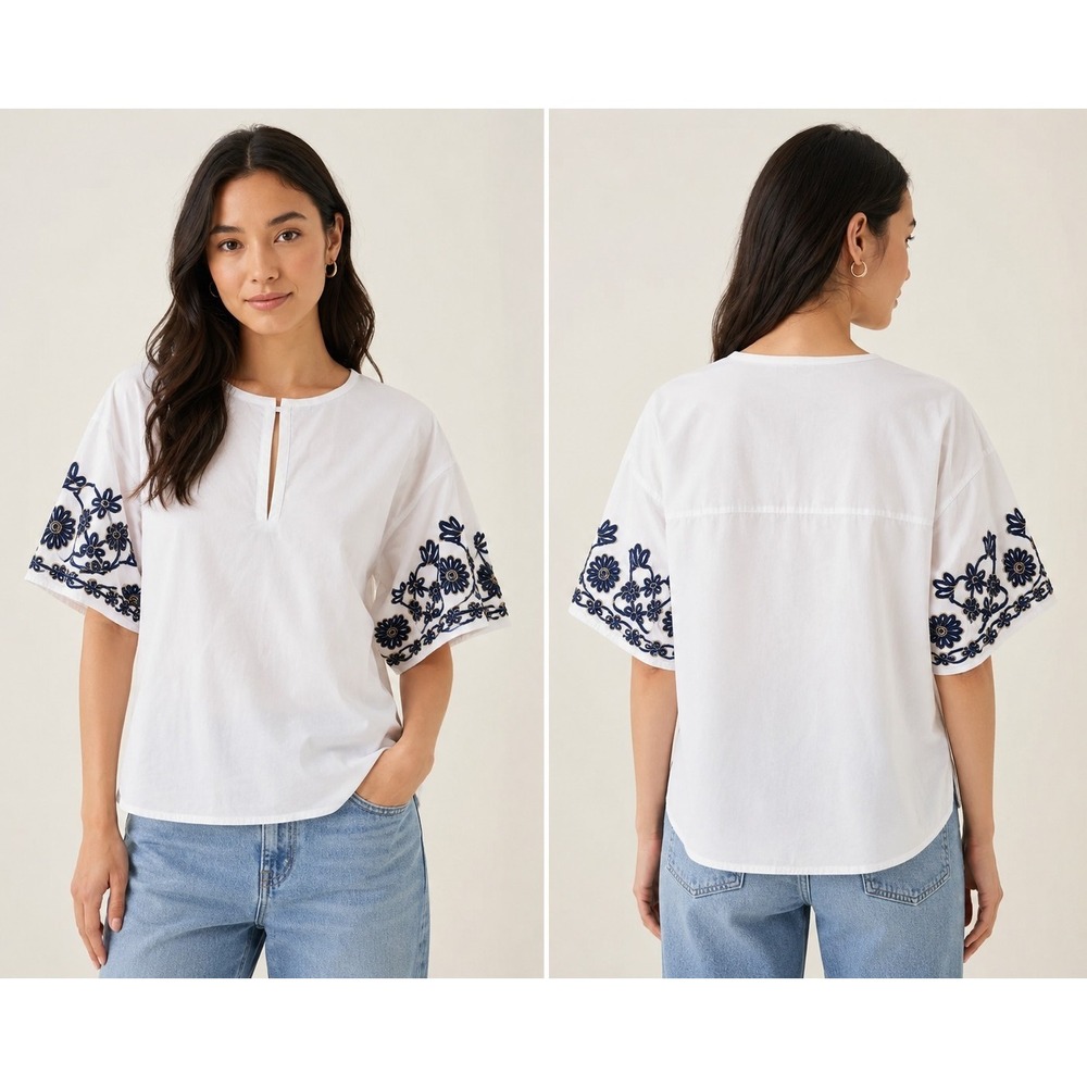 Tory Burch White Embroidered Sleeve Blouse Top Womens Size S Blue Floral Cotton